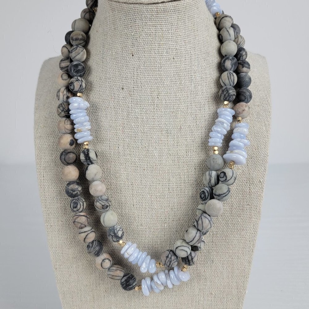 Natural Stone And Agate Beaded Necklace Gray and Lavender Opera Length Endless